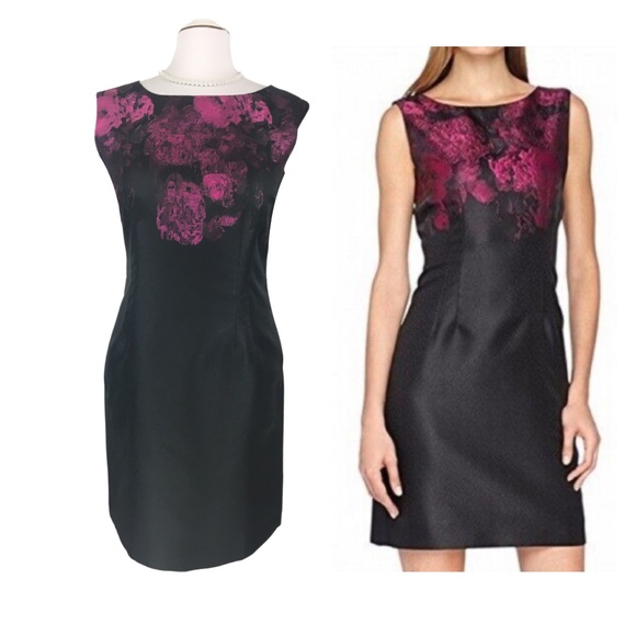 Tahari Black Pink Floral Jacquard Sleeveless High Neckline Sheath Dress size 12 - Picture 1 of 16